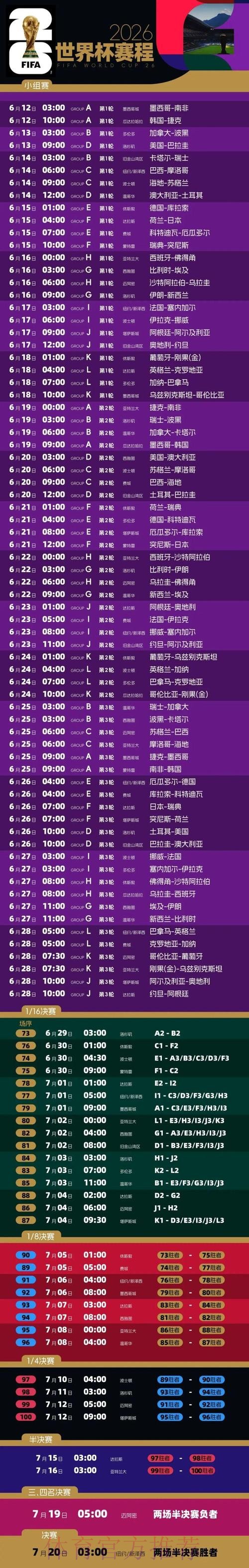 2026世界杯比赛时间表完整版